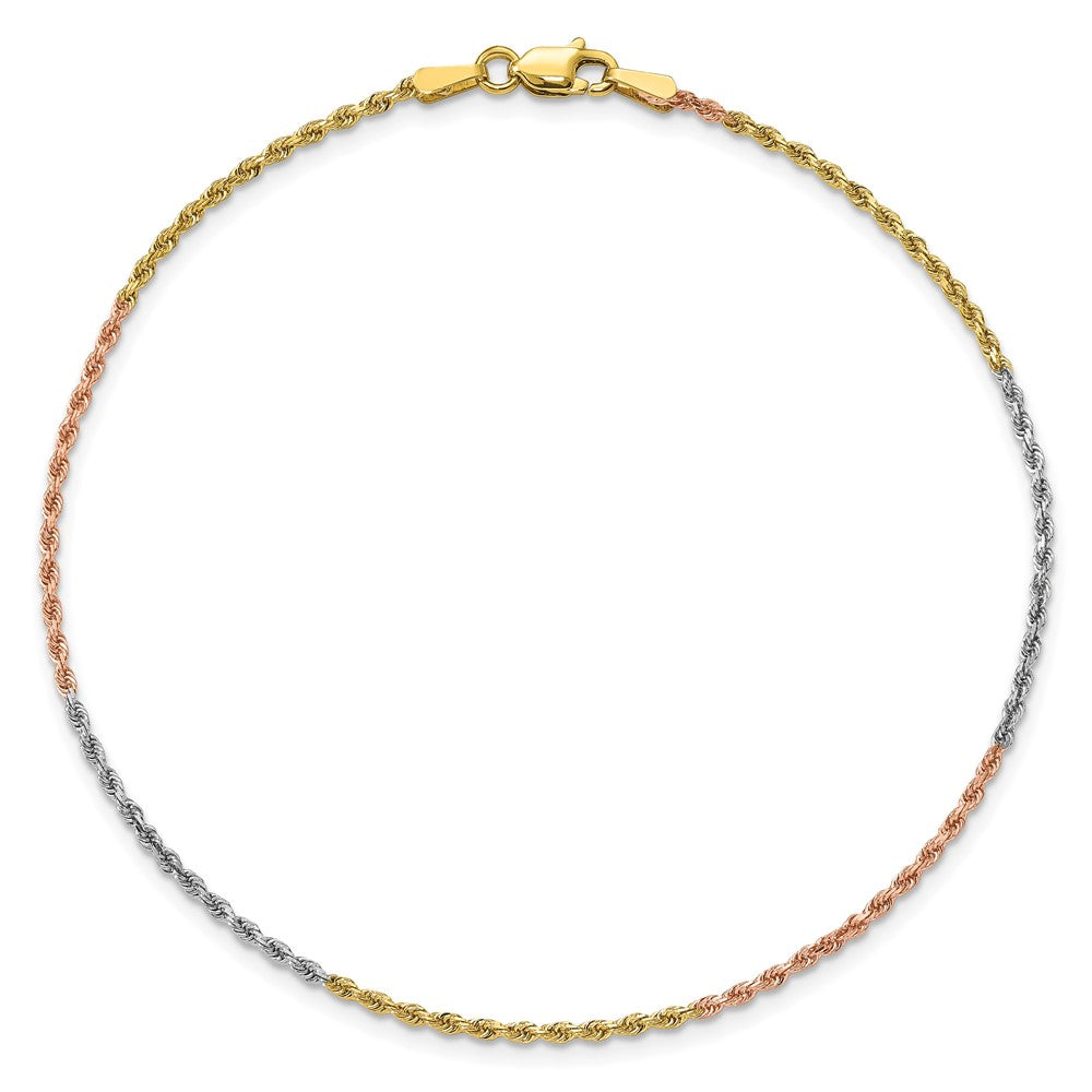 14K Tri-colored 9 inch 1.5mm Diamond-cut Rope with Lobster Clasp Anklet