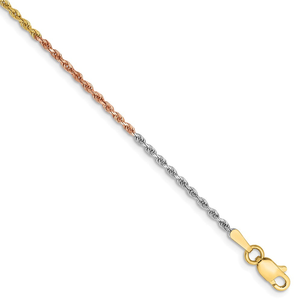 14K Tri-colored 9 inch 1.5mm Diamond-cut Rope with Lobster Clasp Anklet