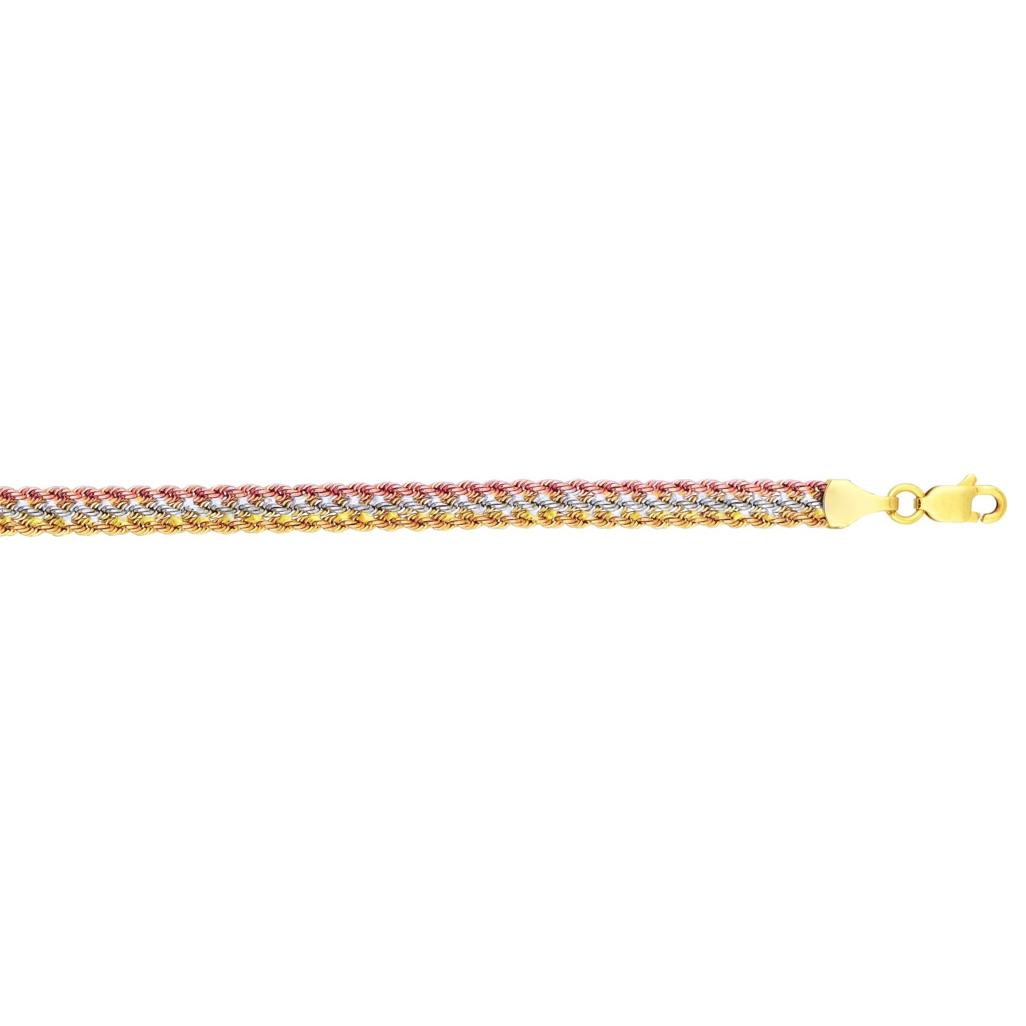 10K Tri-color Gold Triple Row Rope 7.5" Bracelet