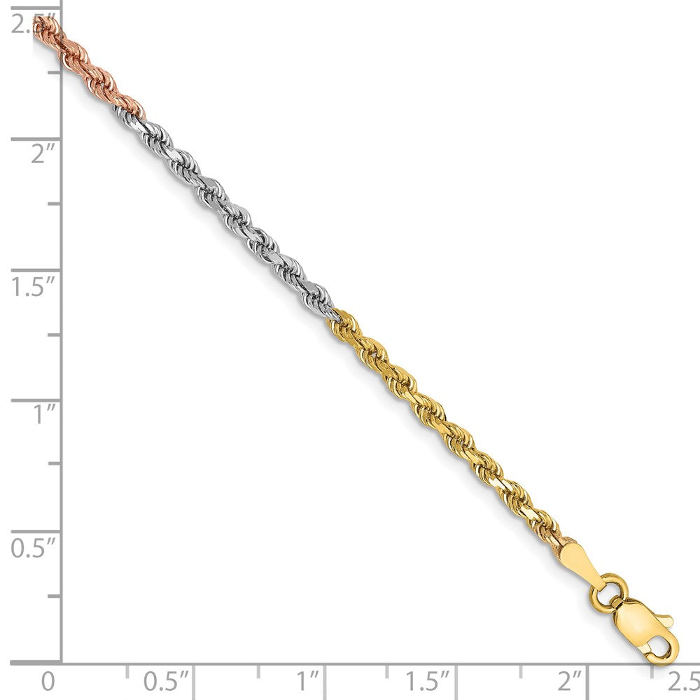 14K Tri-colored 7 inch 2.5mm Diamond-cut Rope with Lobster Clasp Chain