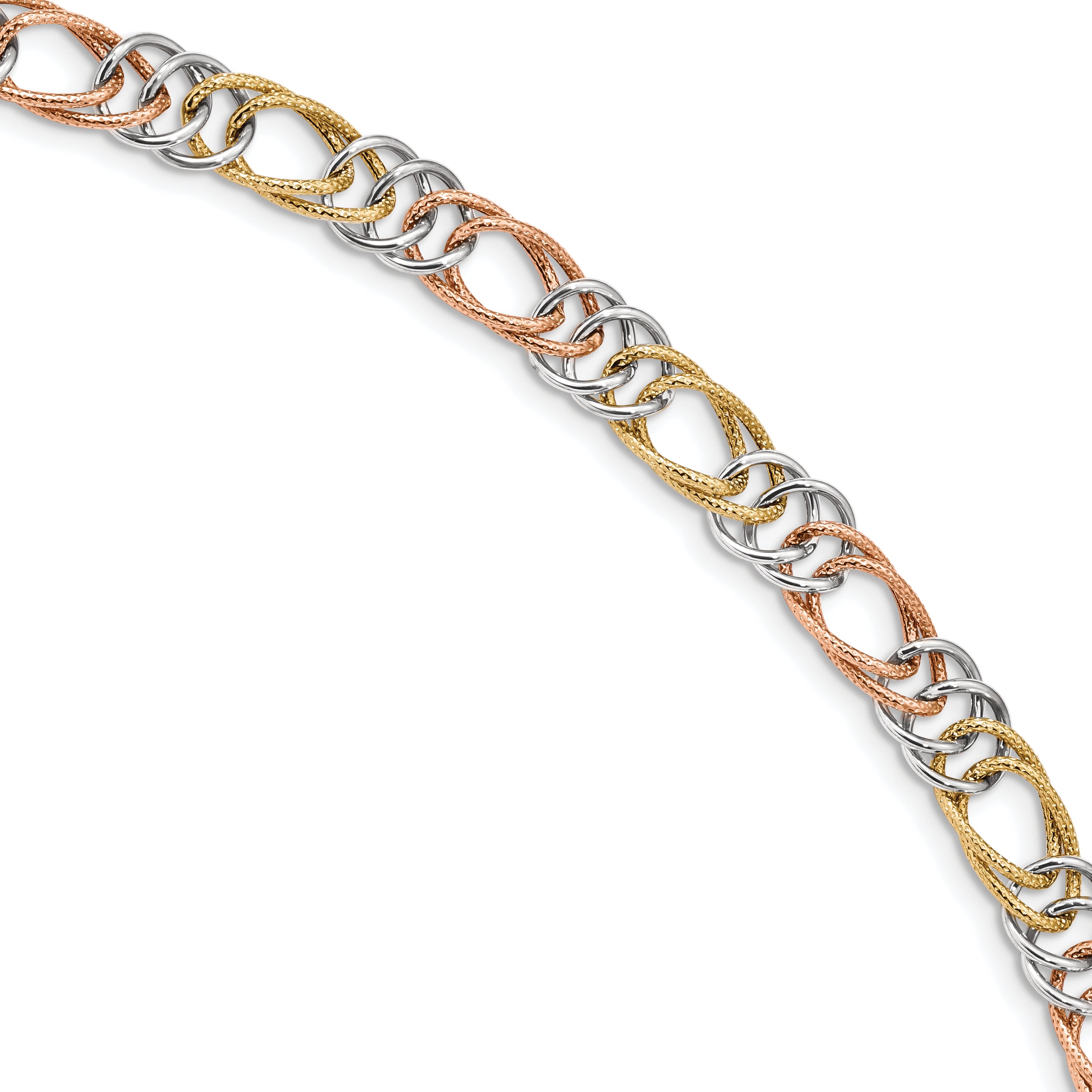 14k Tri-Color Polished/Textured Fancy Double Link Bracelet