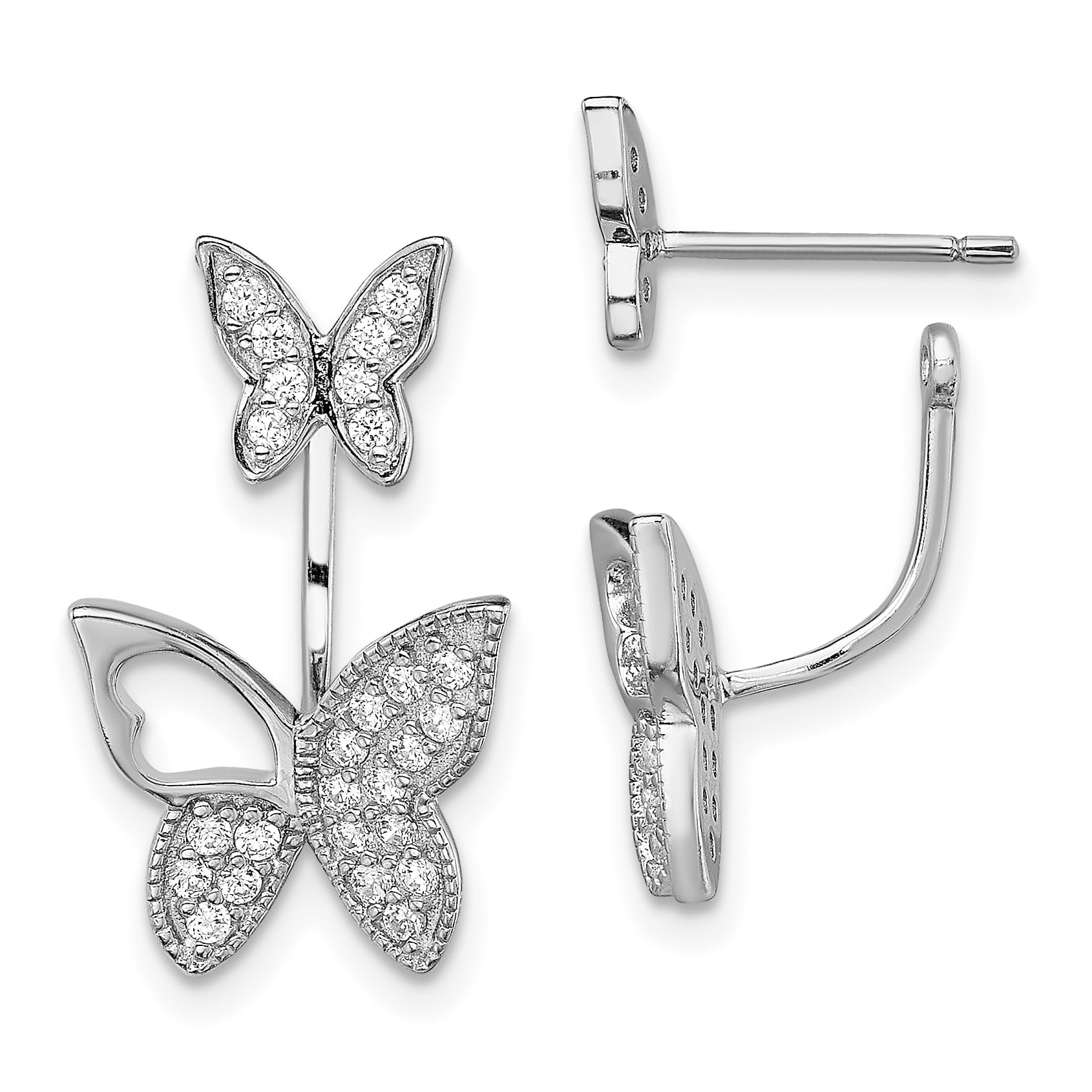 Sterling Silver Rhodium-plated CZ Butterfly Front and Back Earrings QE13530