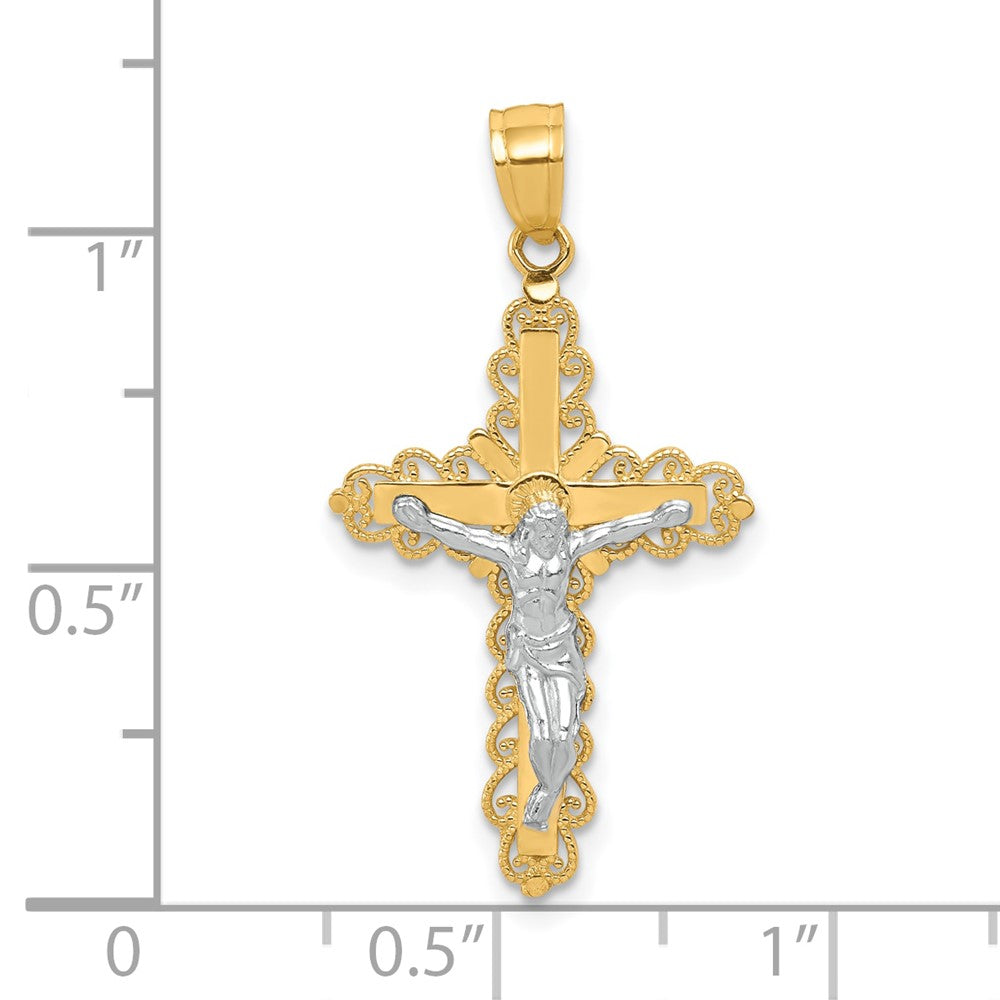 10K w/ Rhodium Filigree Crucifix Pendant