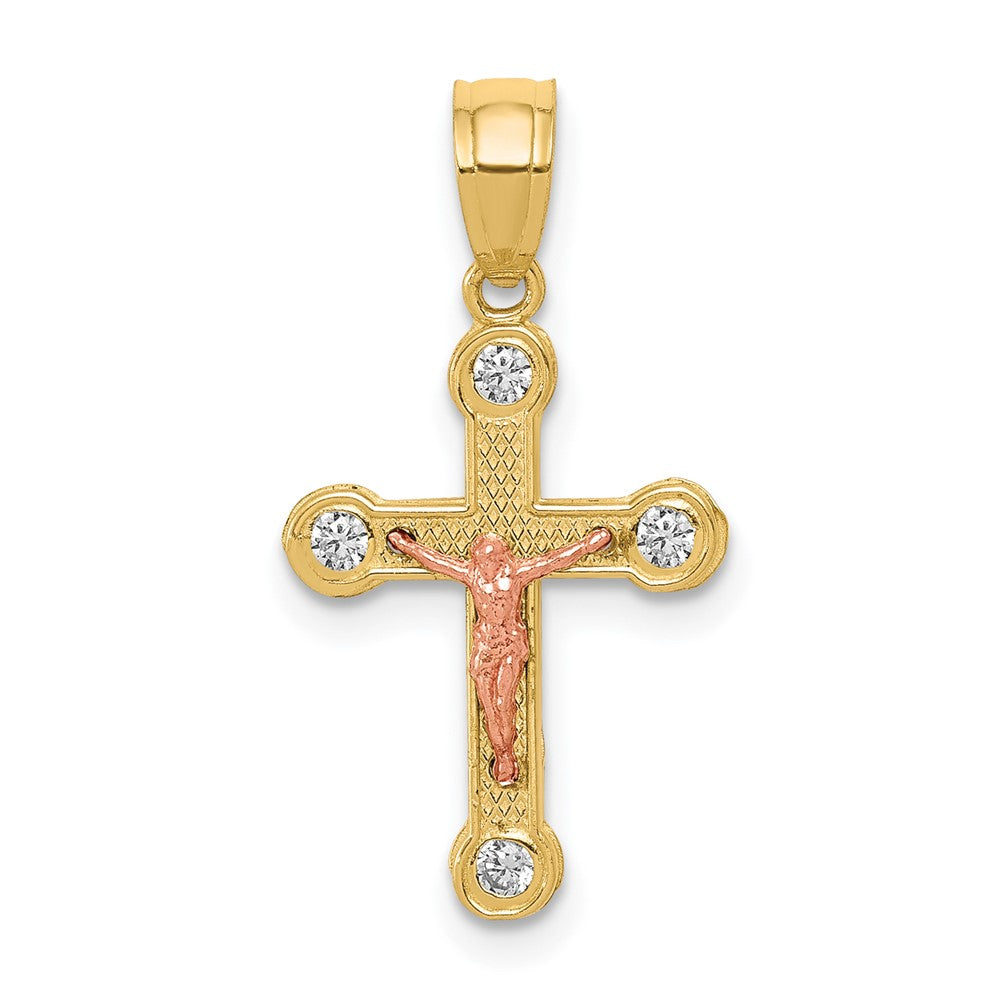 10k Two-tone Yellow and Rose Gold CZ Crucifix Pendant