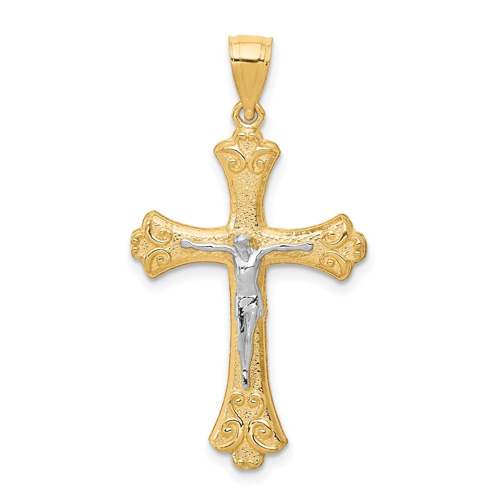 10K w/Rhodium Fleur De Lis Crucifix Pendant