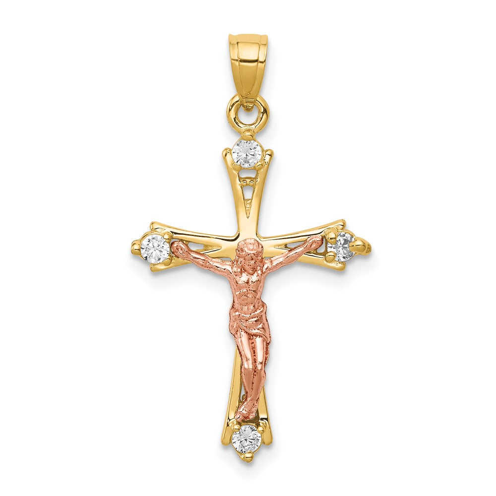 10k Two-tone CZ Crucifix Pendant