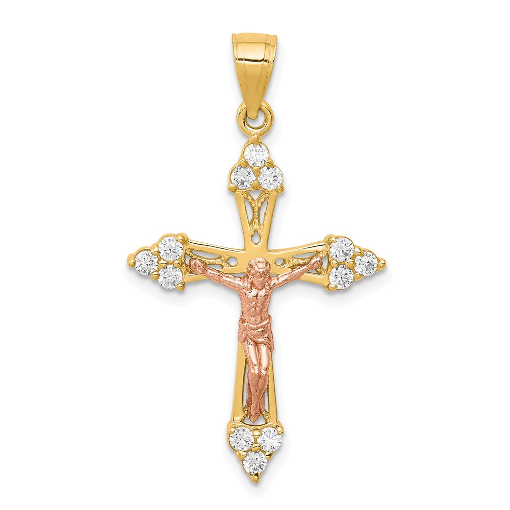 10k Two-tone CZ Crucifix Pendant