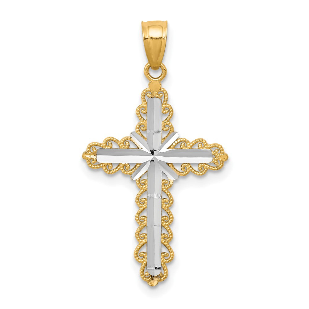 10K w/ Rhodium Diamond-Cut Cross Pendant