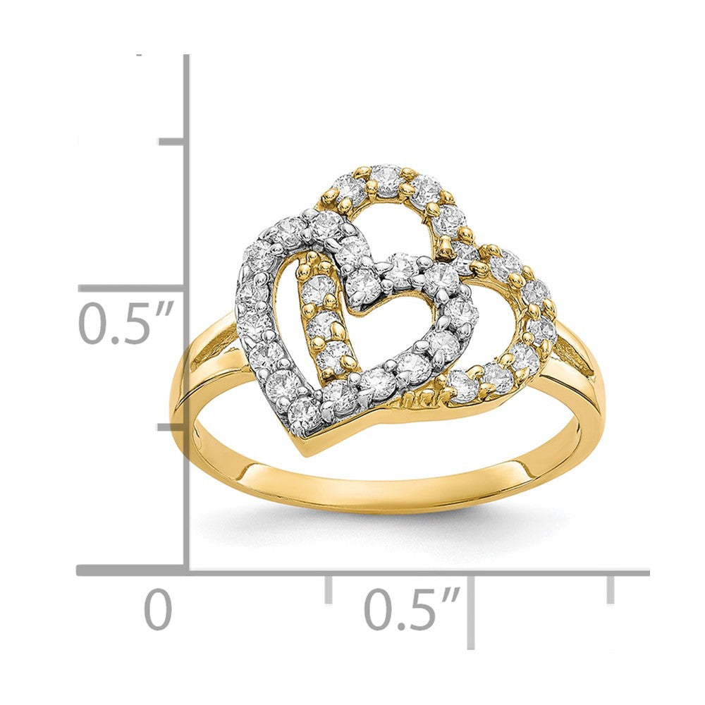 10K w/Rhodium Double Heart CZ Ring