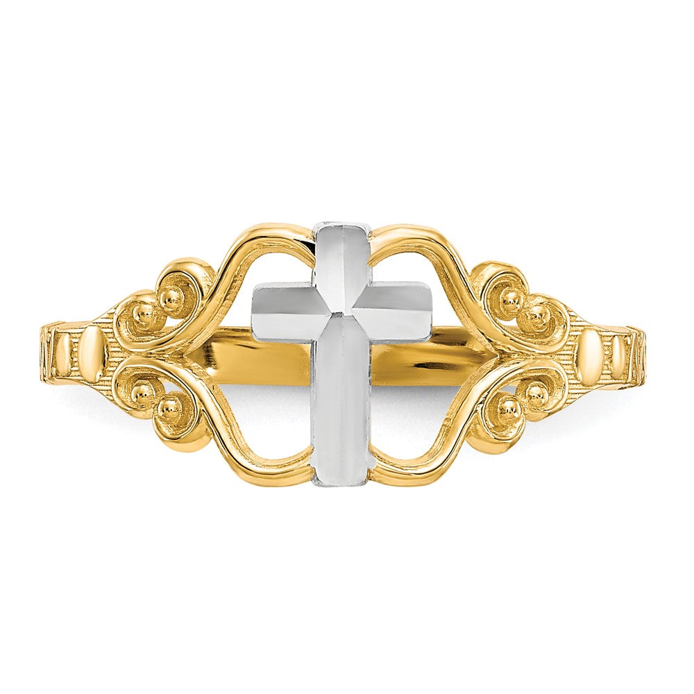 10k & Rhodium Polished Cross Ring