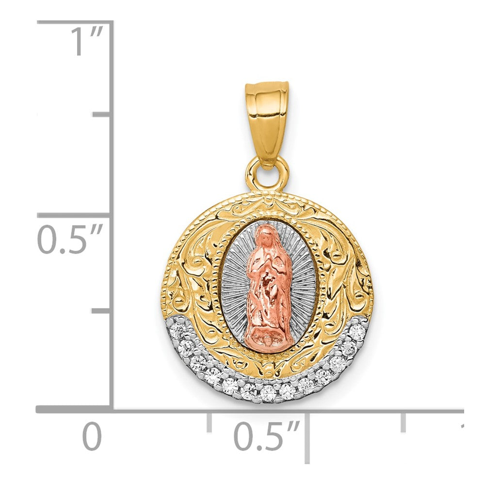 10K Two-Tone w/ Rhodium CZ Lady Of Guadalupe Round Pendant