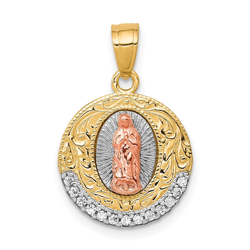 10K Two-Tone w/ Rhodium CZ Lady Of Guadalupe Round Pendant