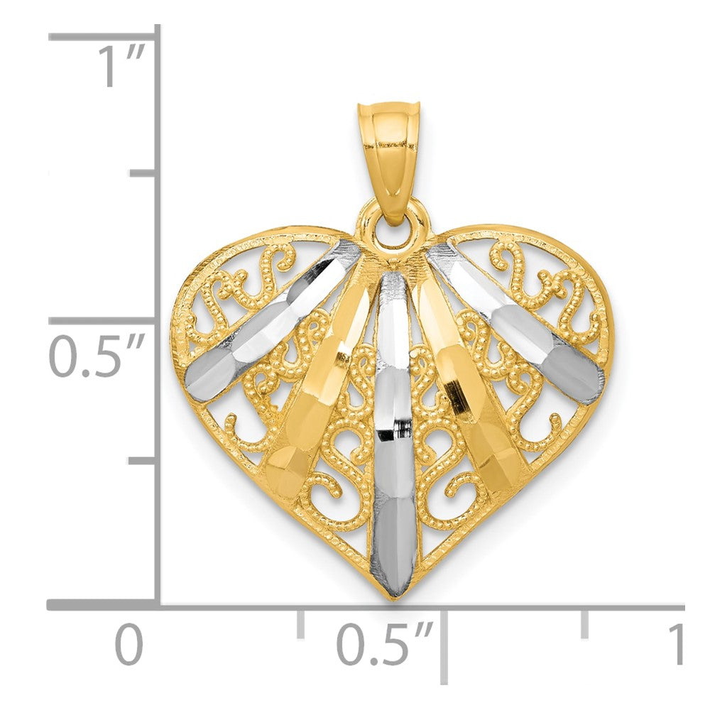 10K w/Rhodium Diamond-Cut Filigree Heart Pendant