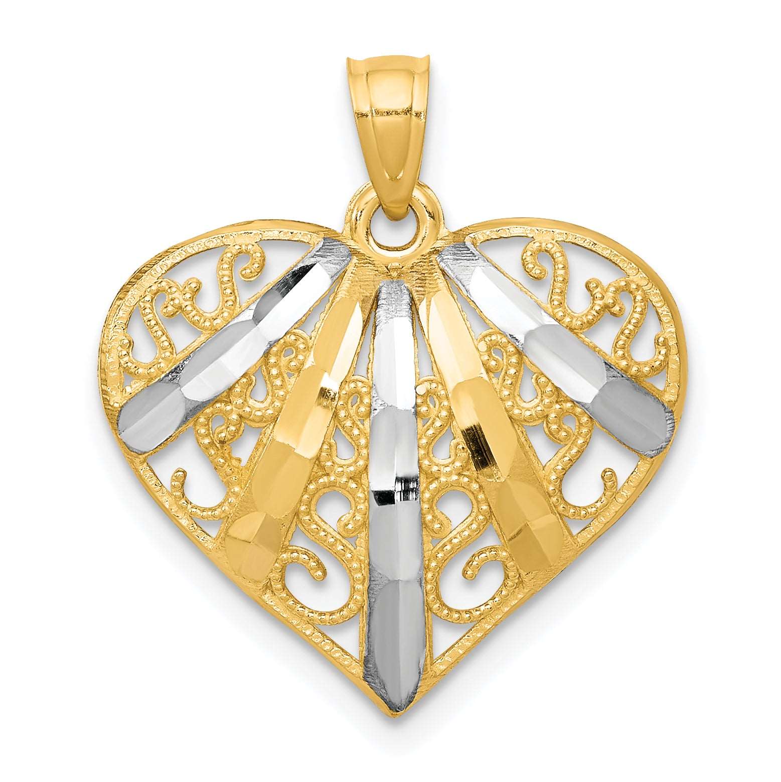 10k & Rhodium Diamond-Cut Filigree Heart Pendant 10C944