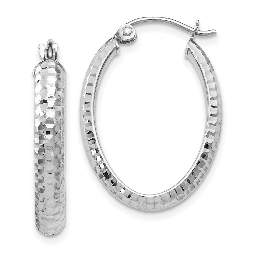 10K White Gold D/C Oval Hinged Hoop Earrings