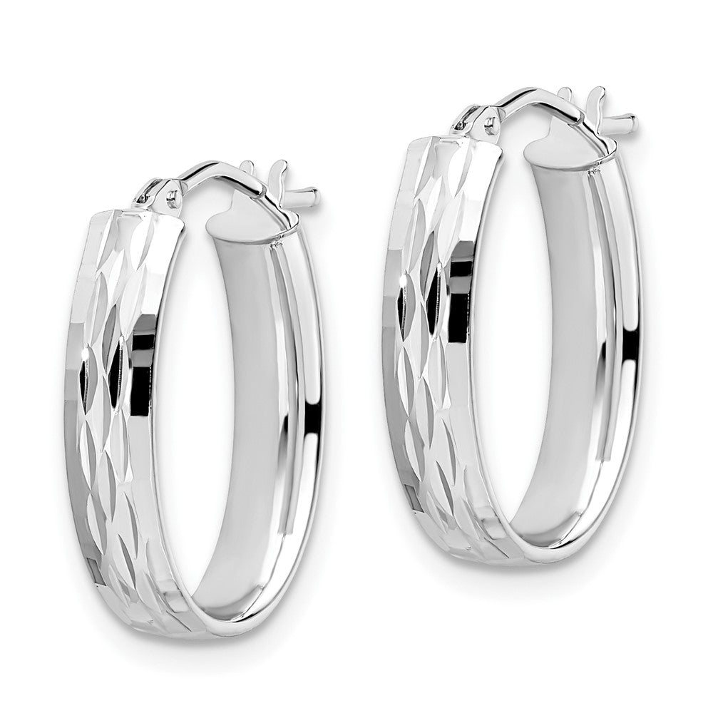 10K with White Rhodium Plating Polished and Diamond-cut Oval Hinged Hoop Earrings