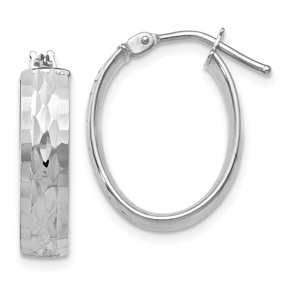 10K with White Rhodium Plating Polished and Diamond-cut Oval Hinged Hoop Earrings