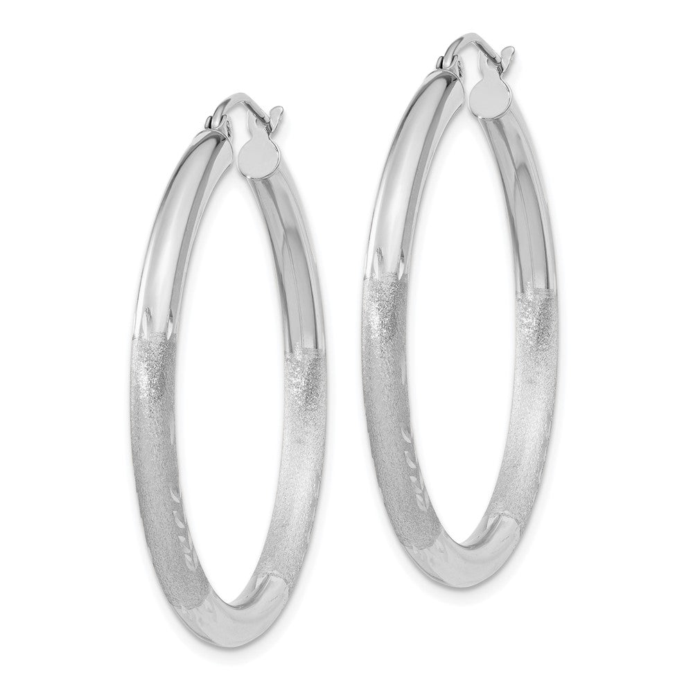 10k White Gold Satin & Diamond-cut 3mm Round Hoop Earrings