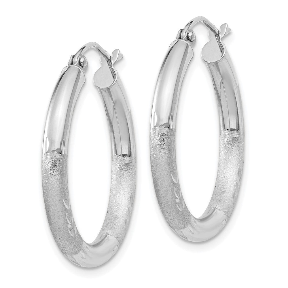 10k White Gold Satin & Diamond-cut 3mm Round Hoop Earrings