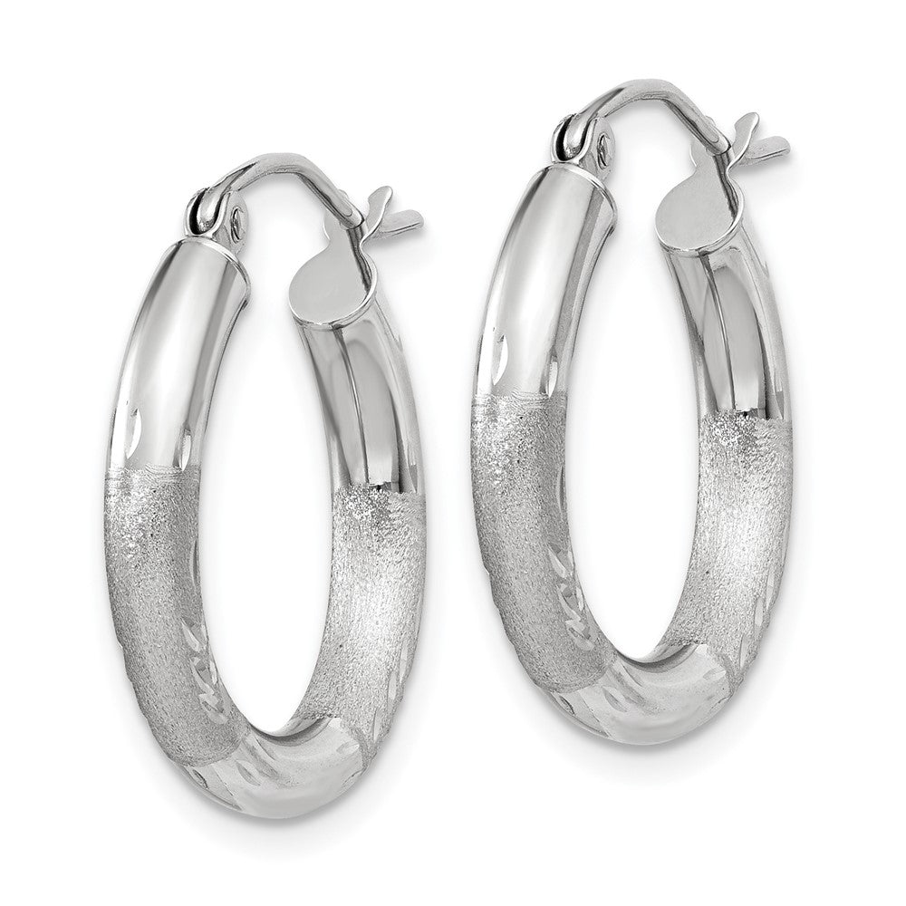 10k White Gold Satin & Diamond-cut 3mm Round Hoop Earrings