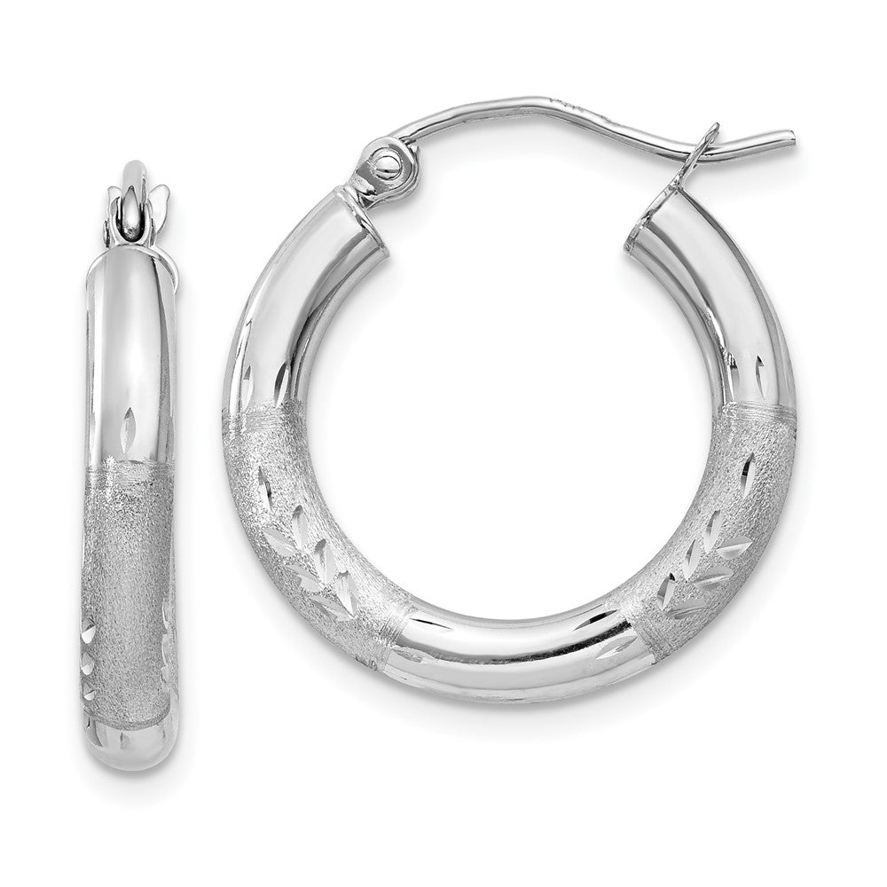 10k White Gold Satin & Diamond-cut 3mm Round Hoop Earrings