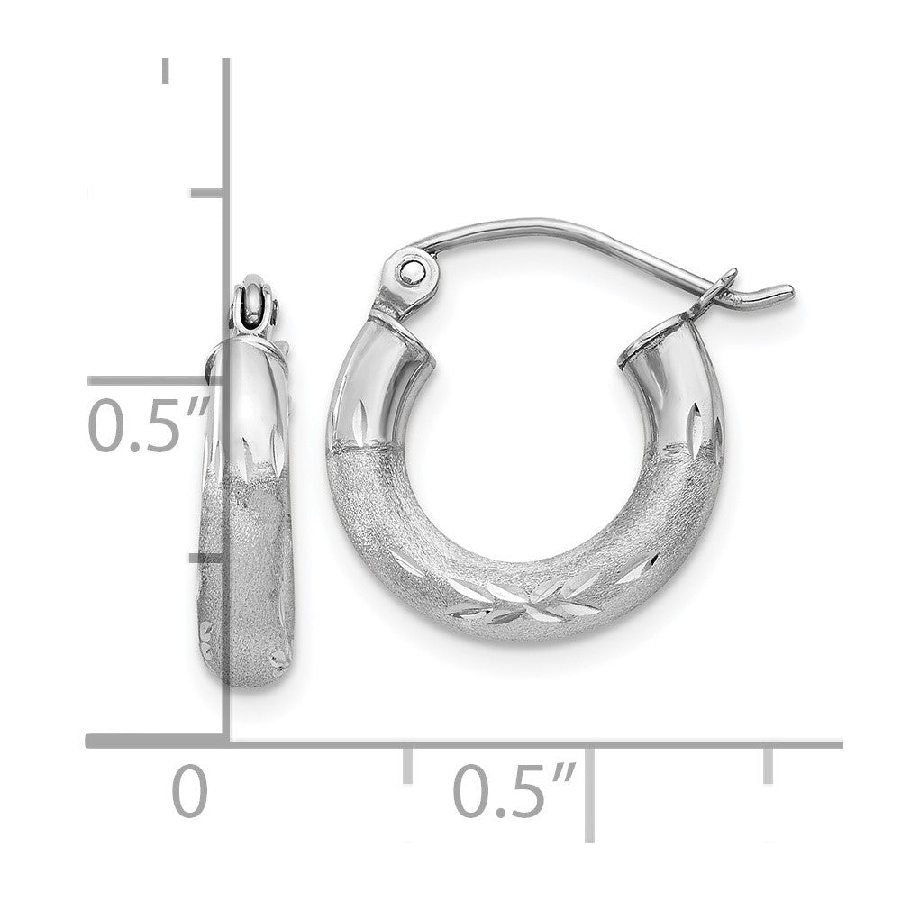 10k White Gold Satin & Diamond-cut 3mm Round Hoop Earrings