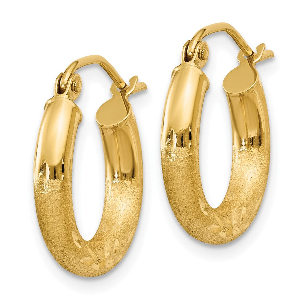 10k Satin & Diamond-cut 3mm Round Hoop Earrings