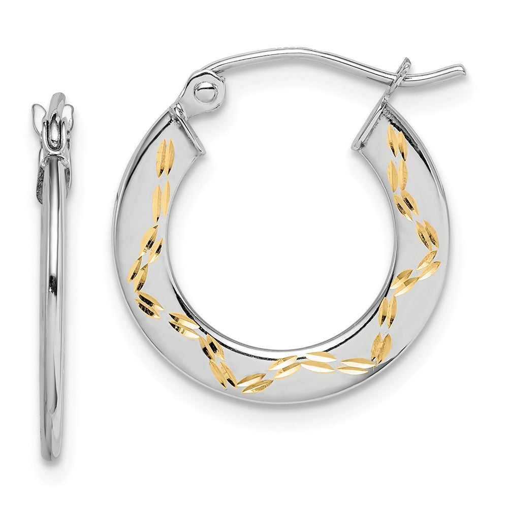 10K White Gold & Yellow Rhodium Diamond Cut Hoop Earrings