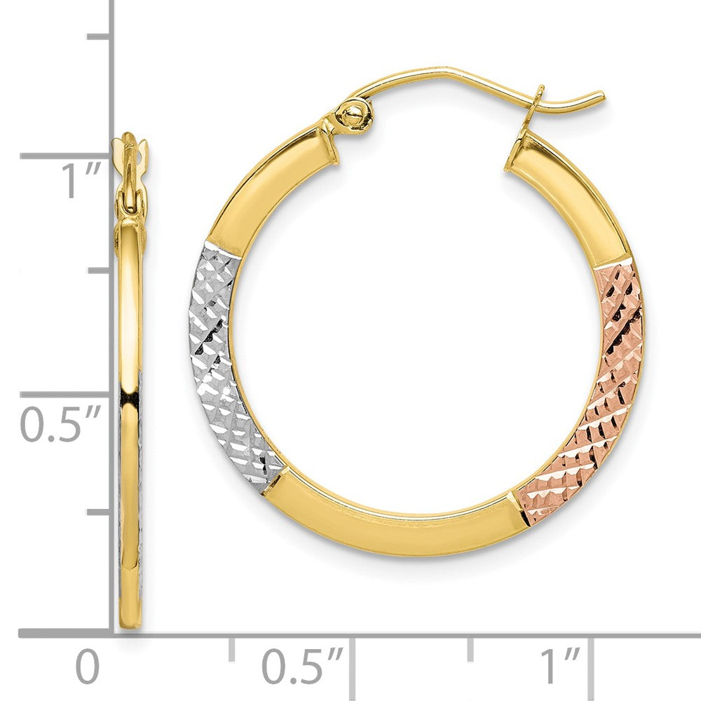 10K White & Rose Rhodium D/C 2.5x25mm Hoop Earrings