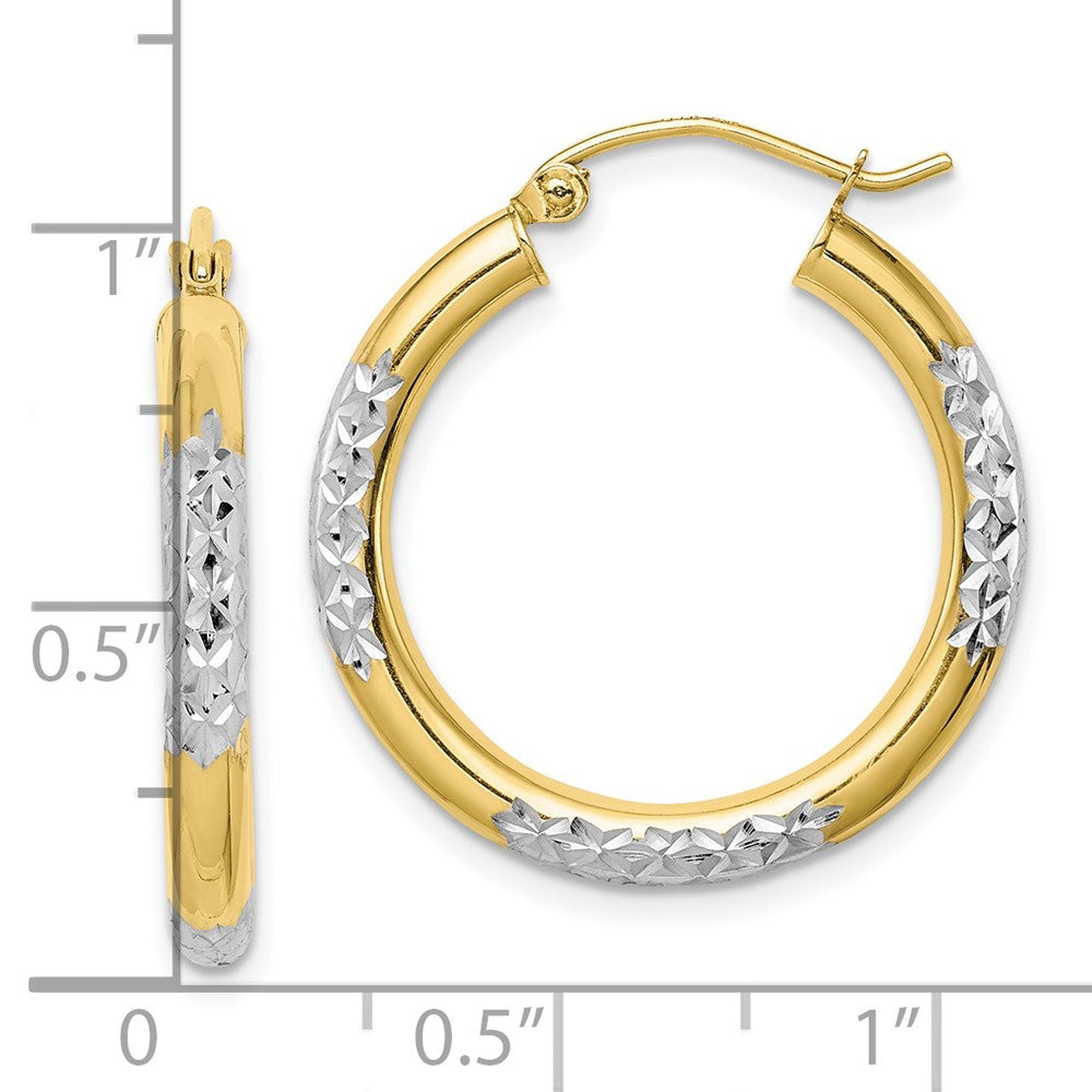 10K & Rhodium Diamond Cut 3mm Hoop Earrings