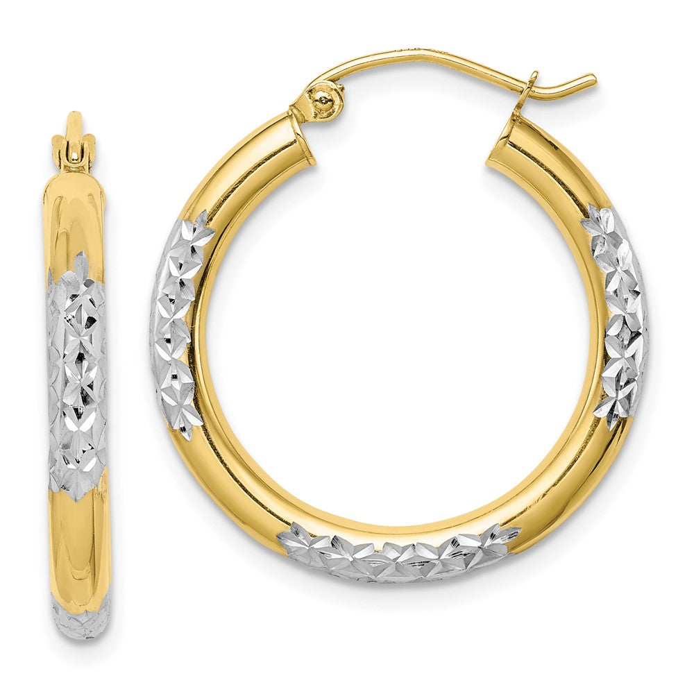 10K & Rhodium Diamond Cut 3mm Hoop Earrings