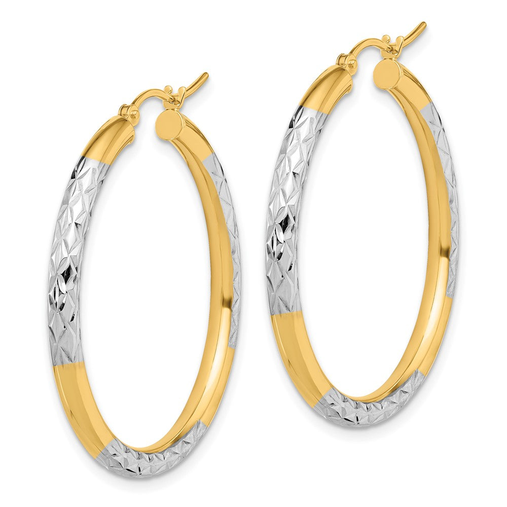 10K & Rhodium Diamond Cut 3mm Hoop Earrings