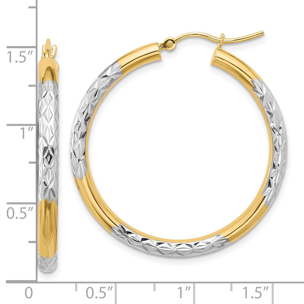 10K & Rhodium Diamond Cut 3mm Hoop Earrings