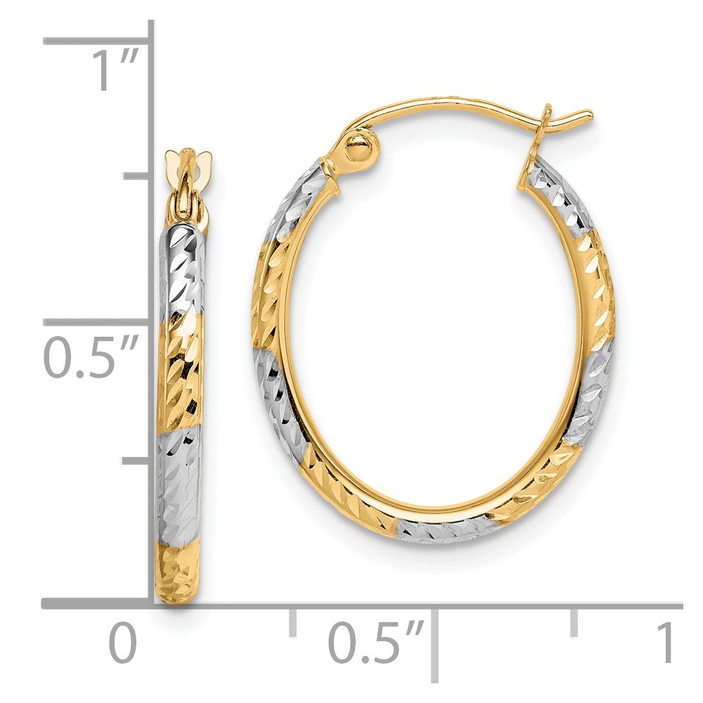 10K & Rhodium Diamond Cut Patterned Oval Hoop Earrings