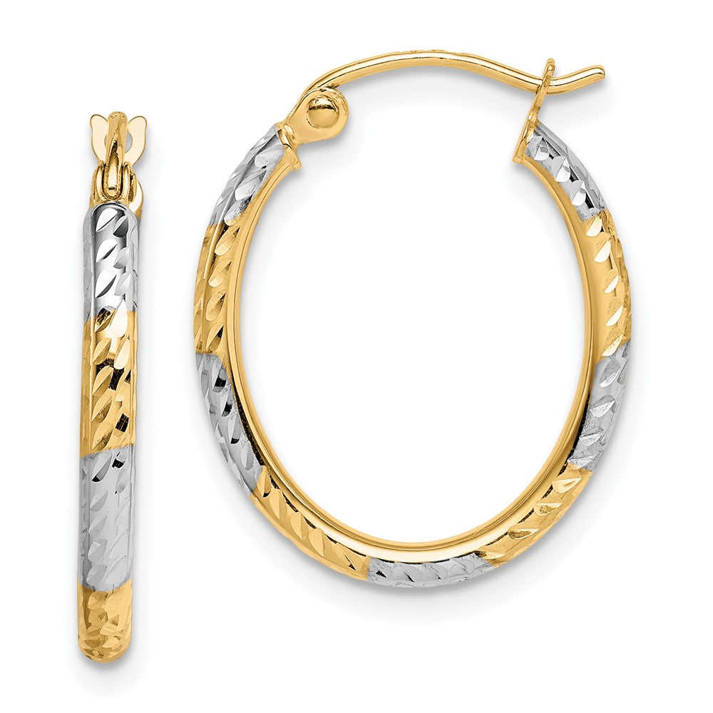 10K & Rhodium Diamond Cut Patterned Oval Hoop Earrings