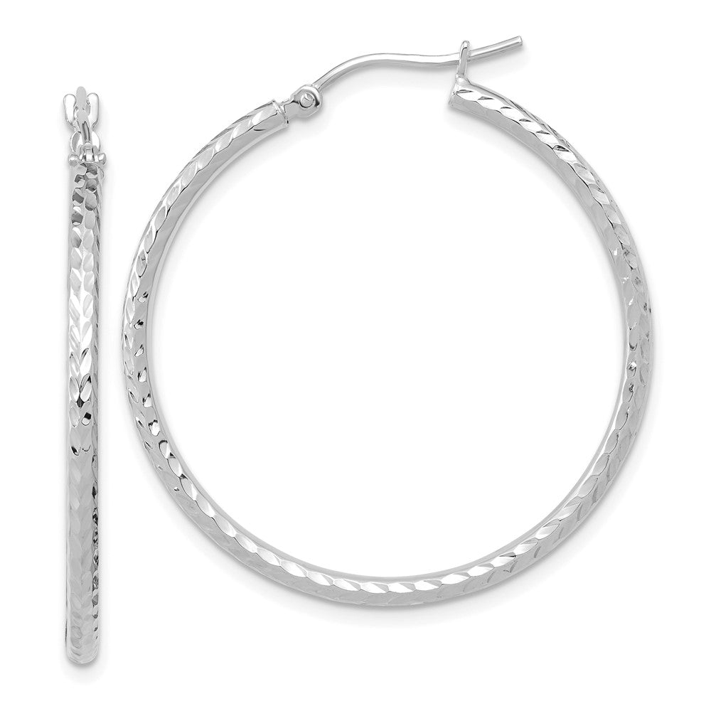 10k White Gold Diamond-cut 2mm Round Tube Hoop Earrings