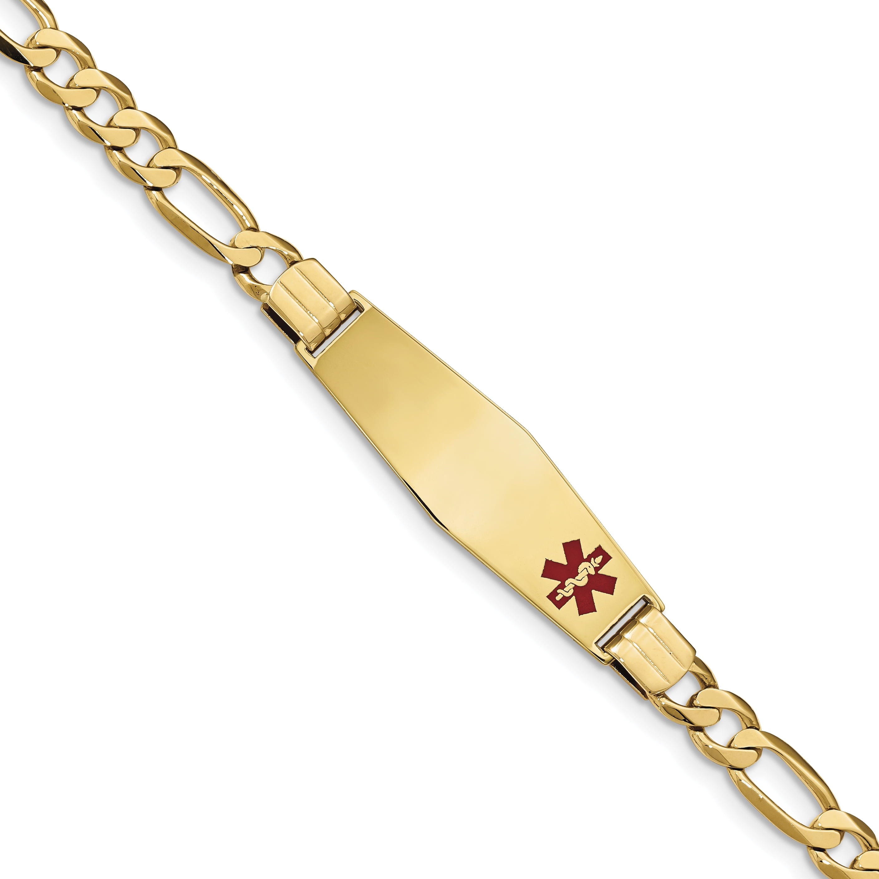 14K Medical Soft Diamond Shape Red Enamel Flat Figaro Link ID Bracelet