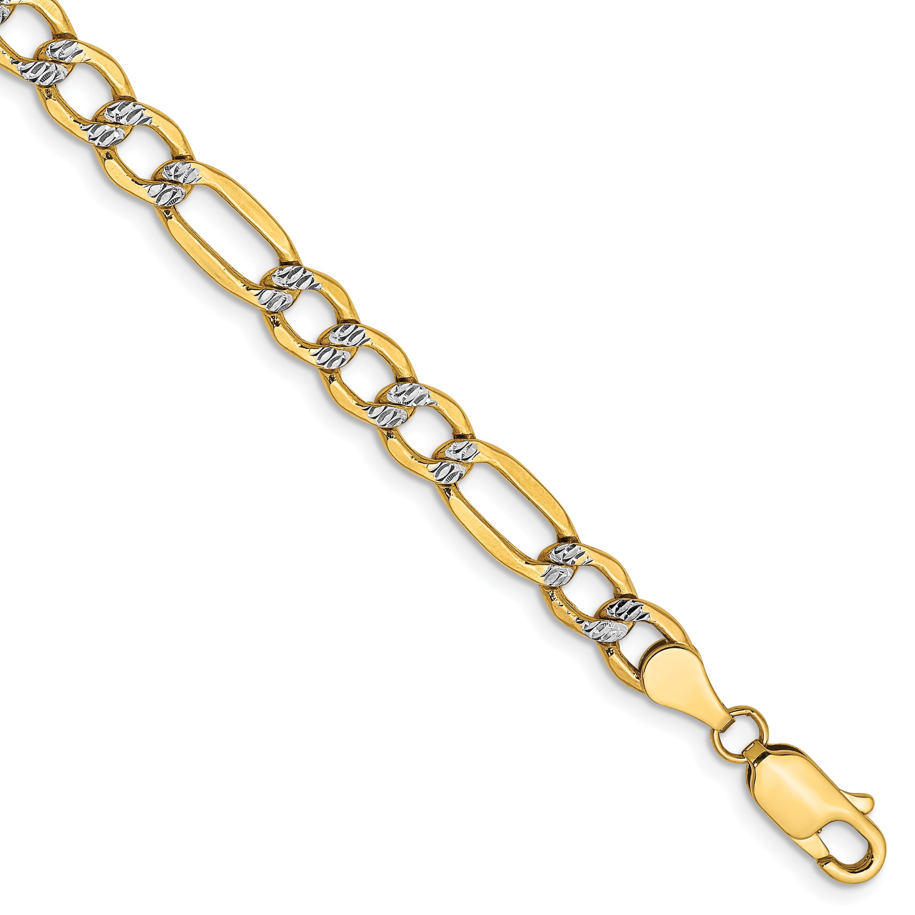 14K 8 inch 5.25mm Semi-Solid with Rhodium Pava Figaro with Lobster Clasp Bracelet