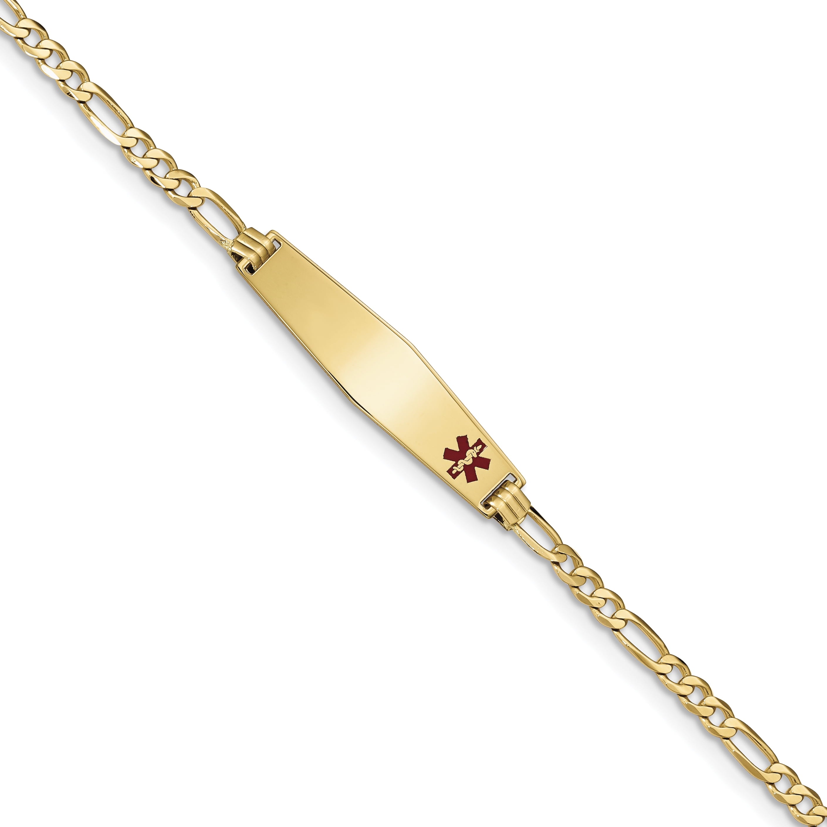 14K Medical Soft Diamond Shape Red Enamel Flat Figaro Link ID Bracelet