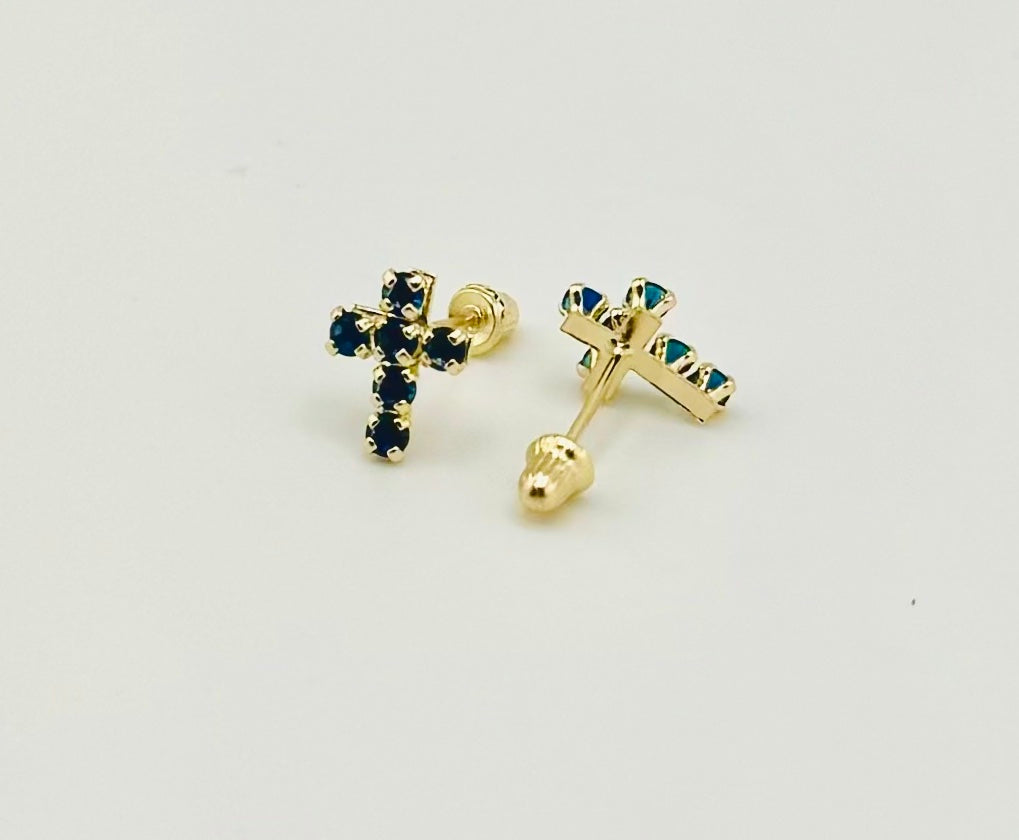 14k Yellow Gold Cross Stud Earrings with Screw Backs with Pink Or Blue Sapphire