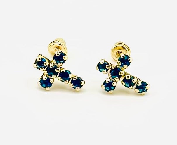 14k Yellow Gold Cross Stud Earrings with Screw Backs with Pink Or Blue Sapphire