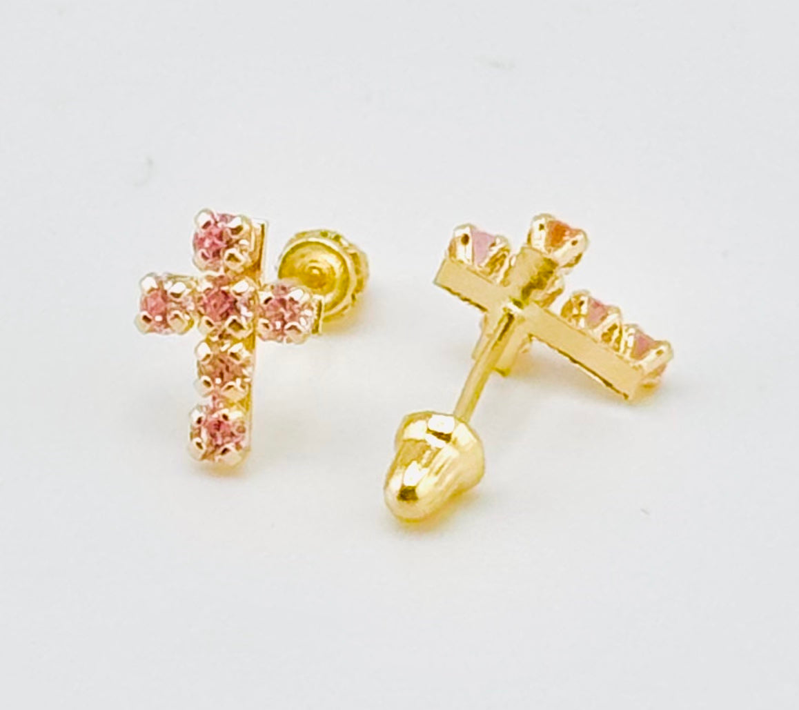 14k Yellow Gold Cross Stud Earrings with Screw Backs with Pink Or Blue Sapphire