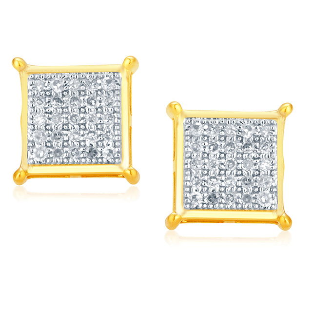 10K Yellow Yellow Gold Square Earrings With 0.15 Ct Round Micro Pave Diamonds