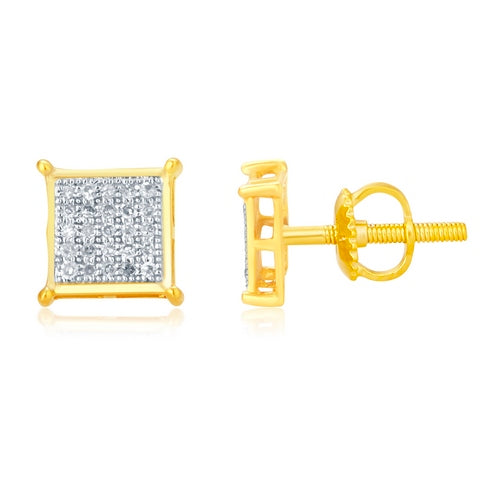 10K Yellow Yellow Gold Square Earrings With 0.15 Ct Round Micro Pave Diamonds