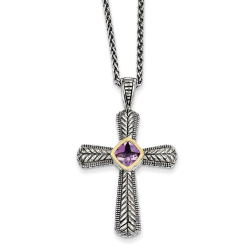 Sterling Silver w/14k Amethyst Cross Necklace QTC243