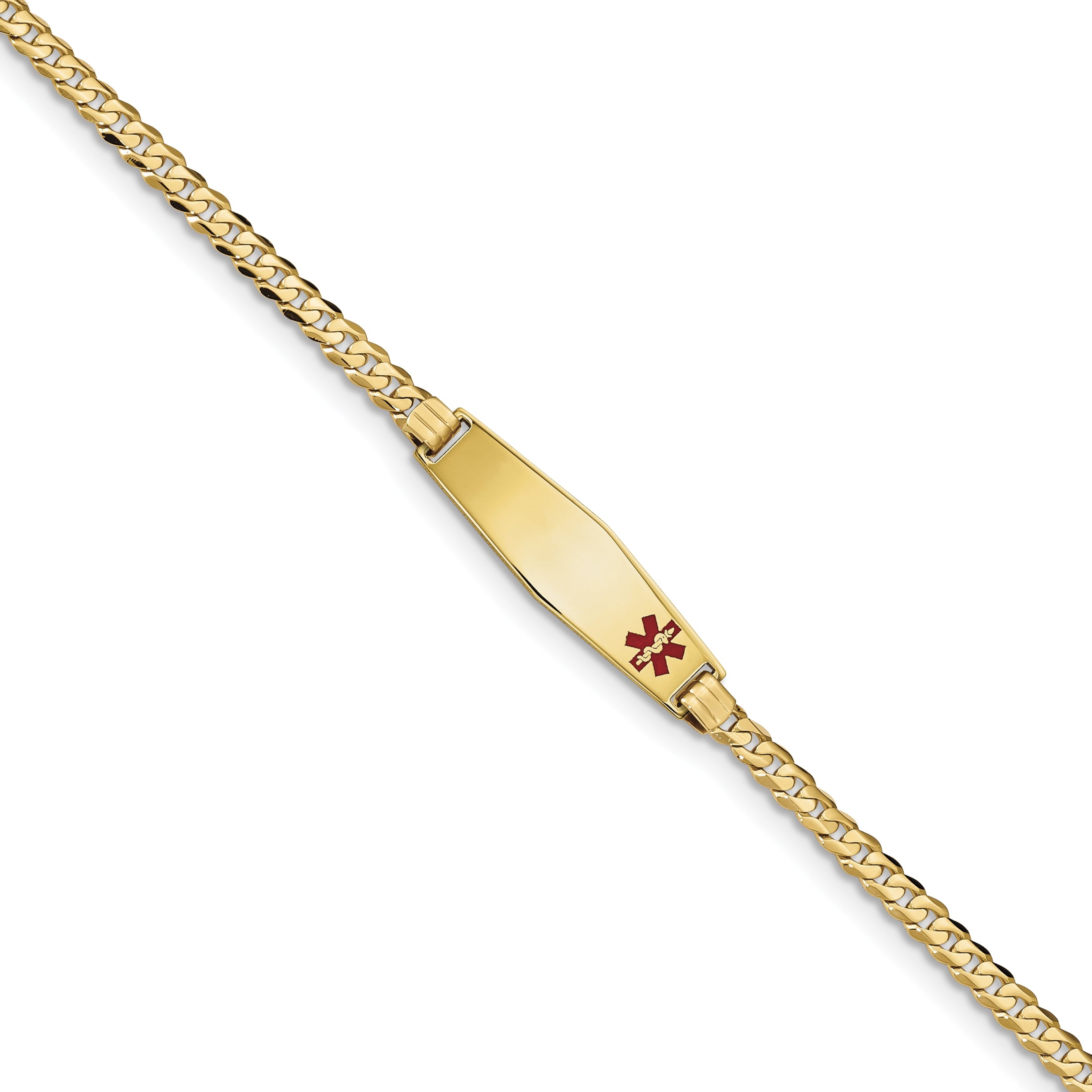 14K Medical Soft Diamond Shape Red Enamel Curb Link ID Bracelet