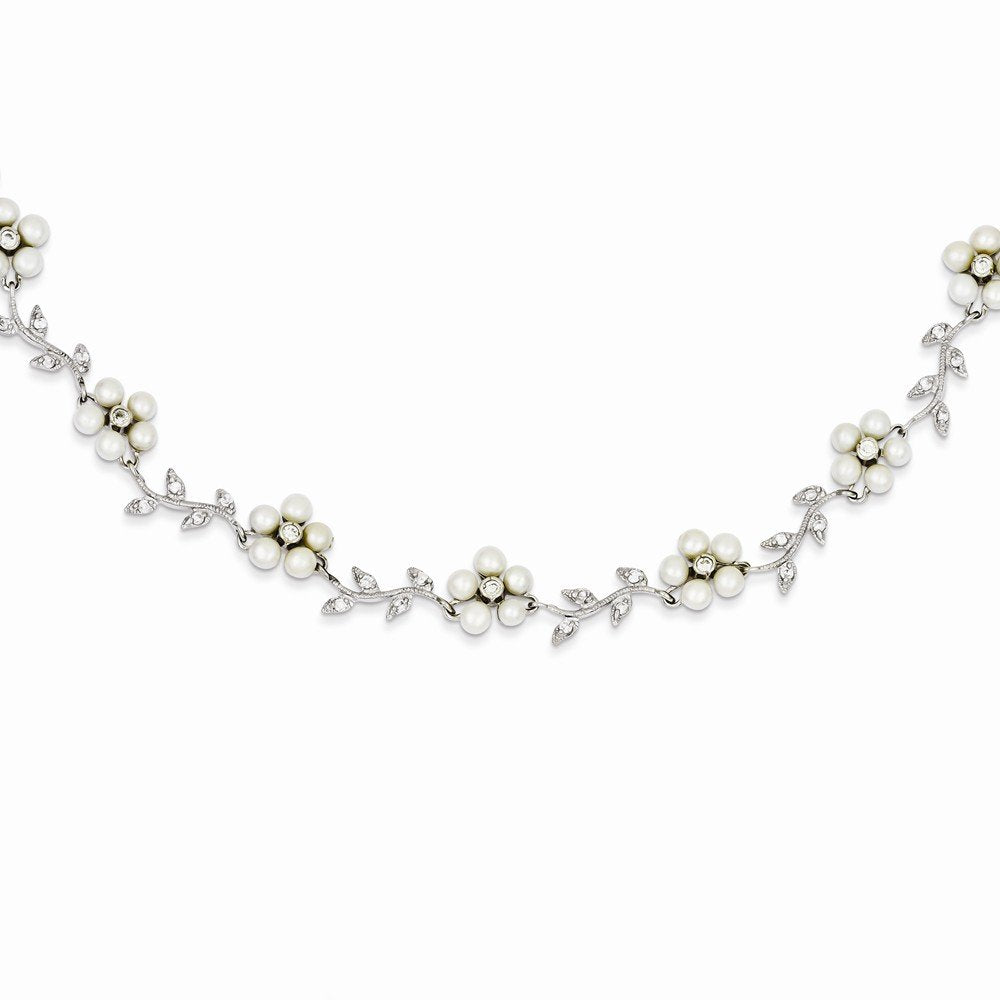 Sterling Silver Rhodium FW Cultured Pearl and CZ Floral Necklace QG1805