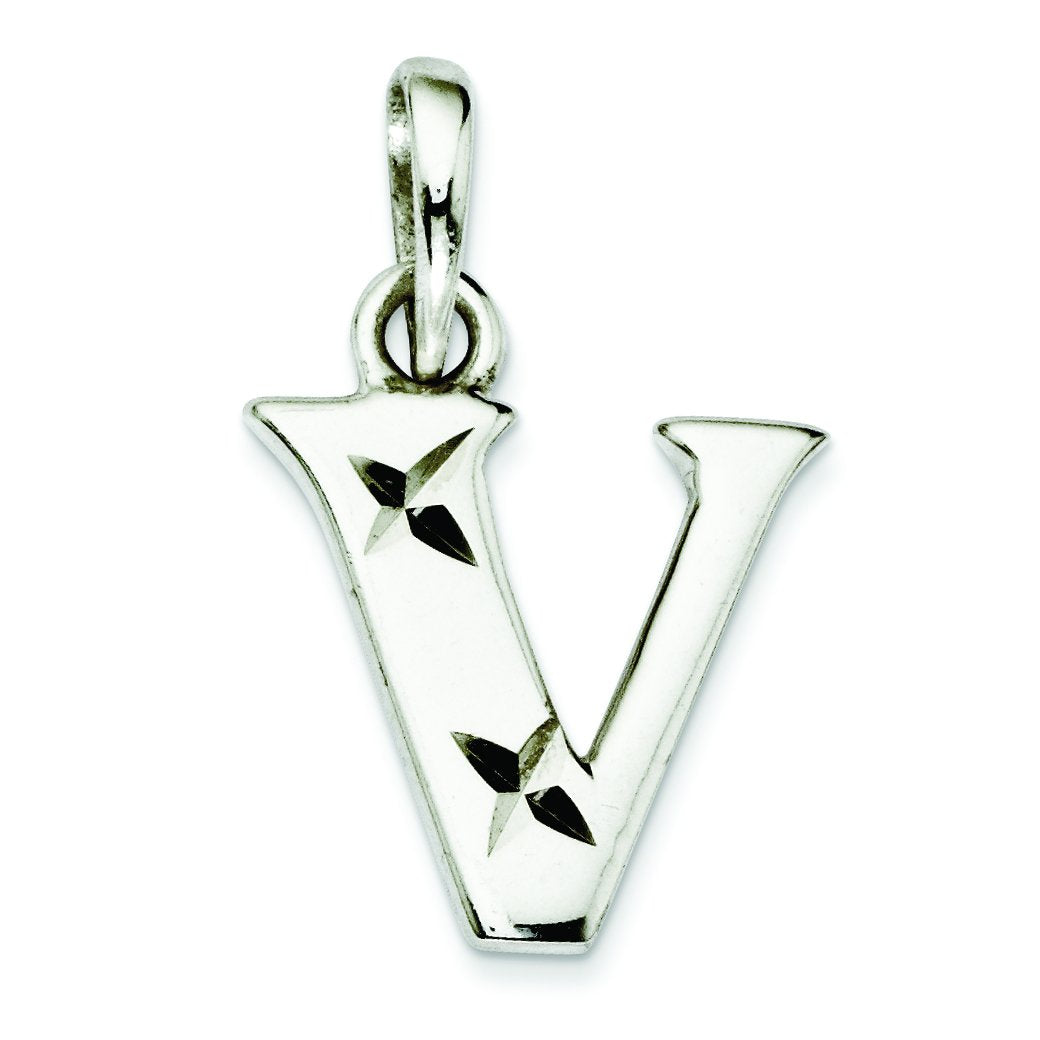 Sterling Silver Polished Diamond-cut Initial V Pendant QC7424V