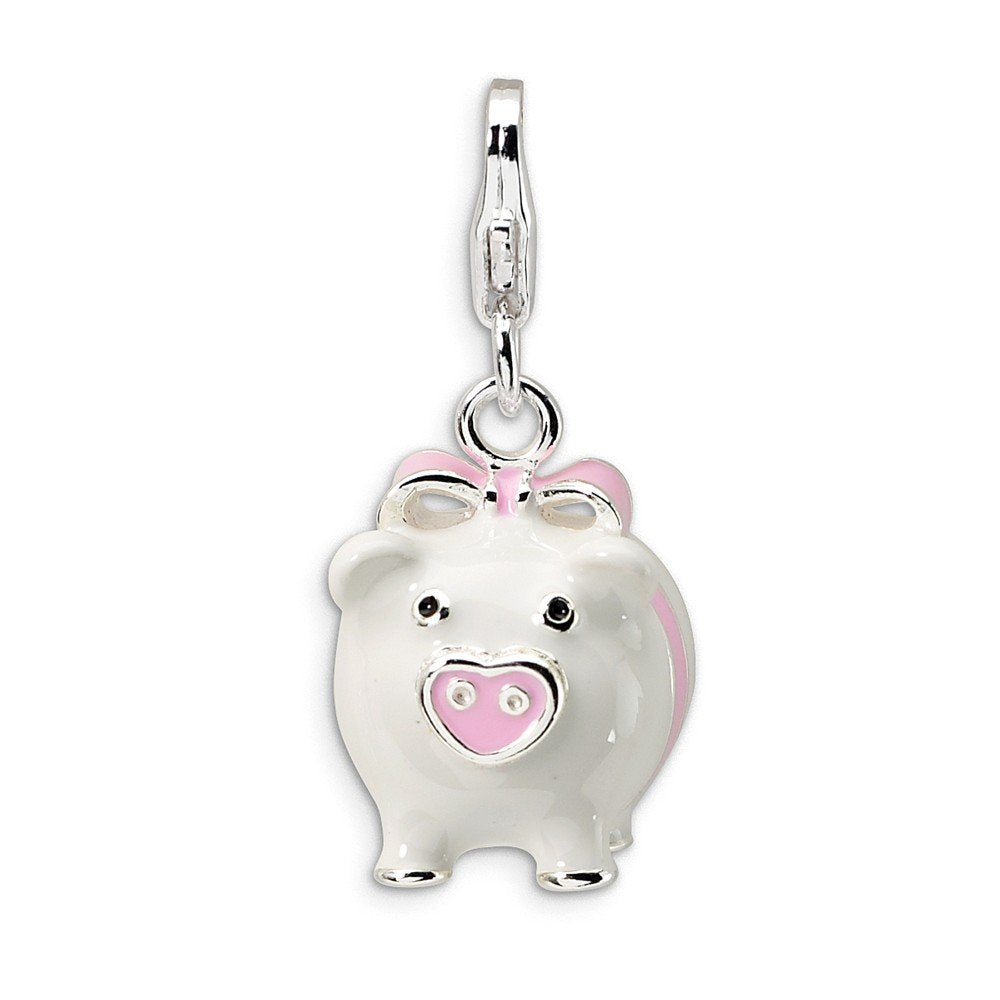 Sterling Silver 3-D Enameled Pig w/Lobster Clasp Charm QCC394