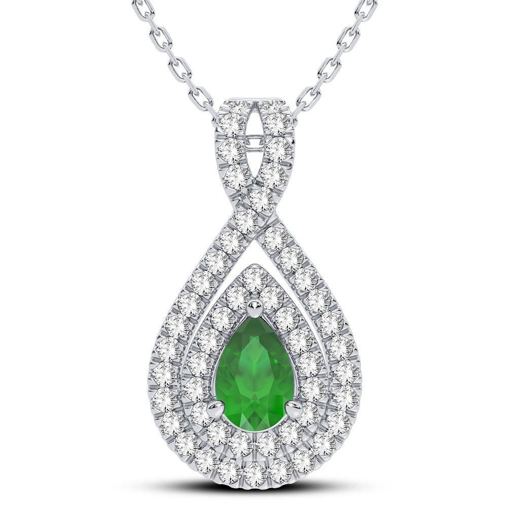 14K White Gold Magnifcnet 0.33Ct Diamond Emerald Pendant